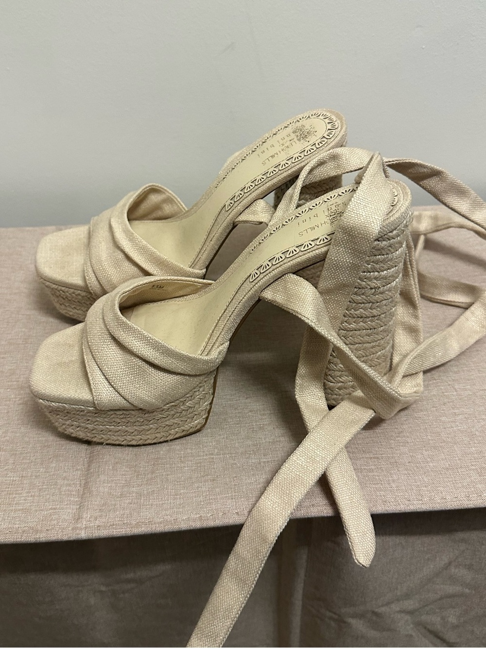 Gianni Bini Beige Platform Espadrille Heels with Wrap Tie